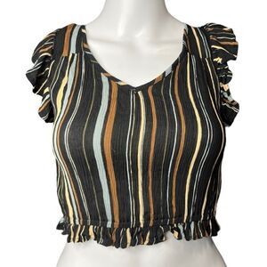 Patrons of Peace striped ruffle trim open back crop top blue & brown size XS